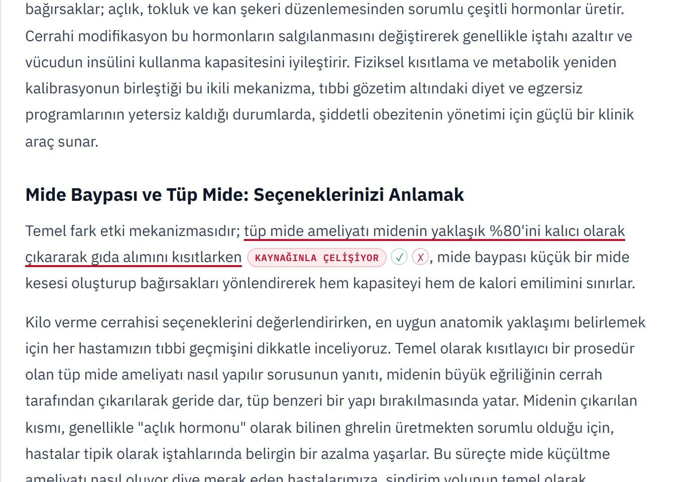 Tıbbi iddia denetiminden gerçek ekran: işaretli cümle, kaynak uyarısı ve tek tık işleme